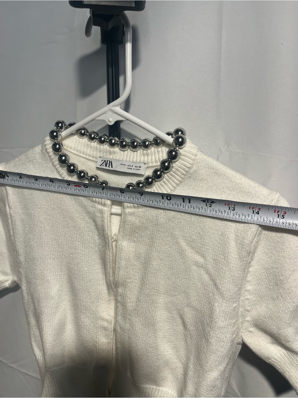 Zara White Short Sleeve w/ Silver oversized metallic silver Beaded Neck Cardigan - Picture 6 of 10
